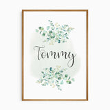 Custom name nursery print with botanical accents in a kids’ safari room style