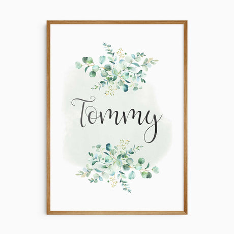 Custom name nursery print with botanical accents in a kids’ safari room style
