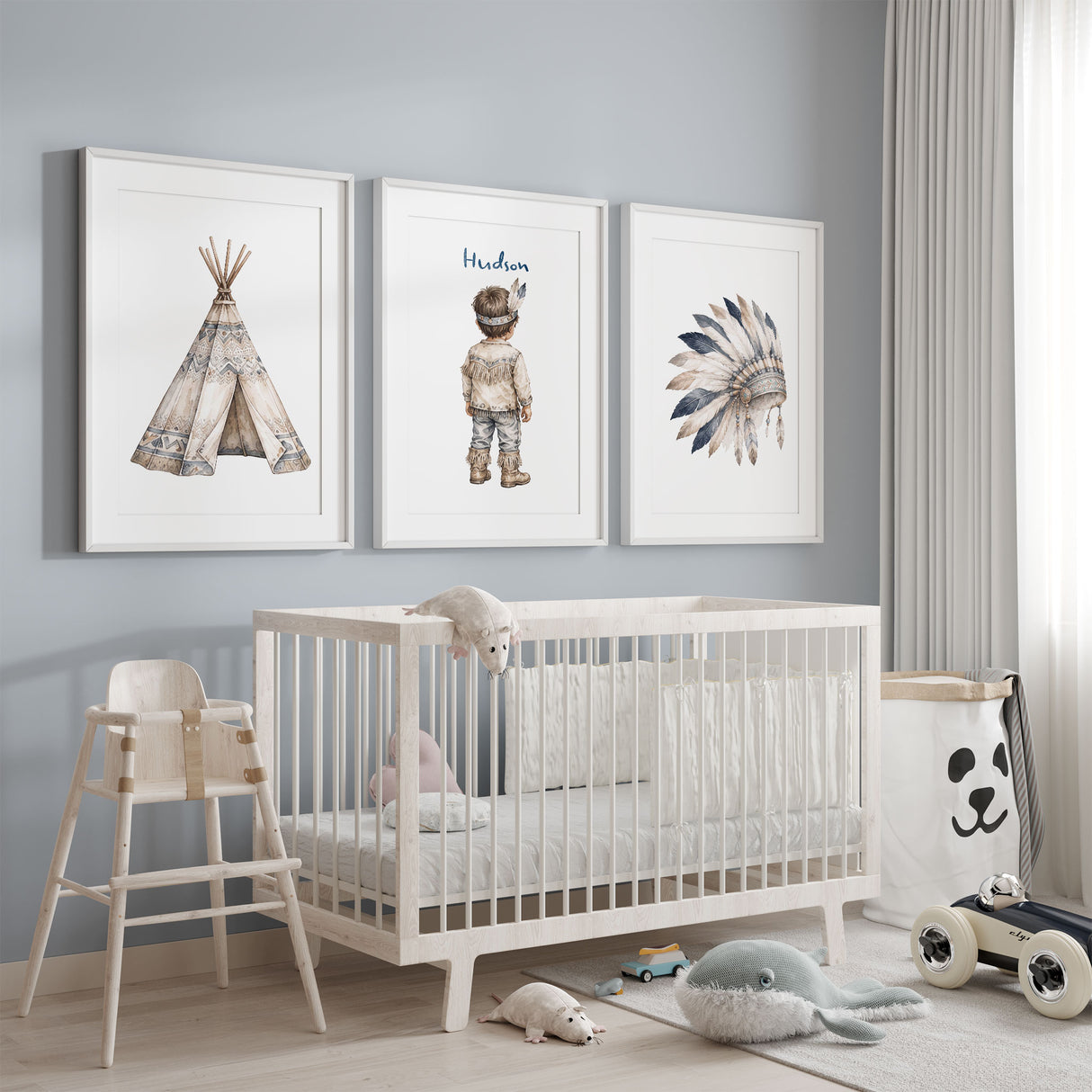 Personalised nursery print set with a child’s name, feather headdress and coordinating teepee artwork.