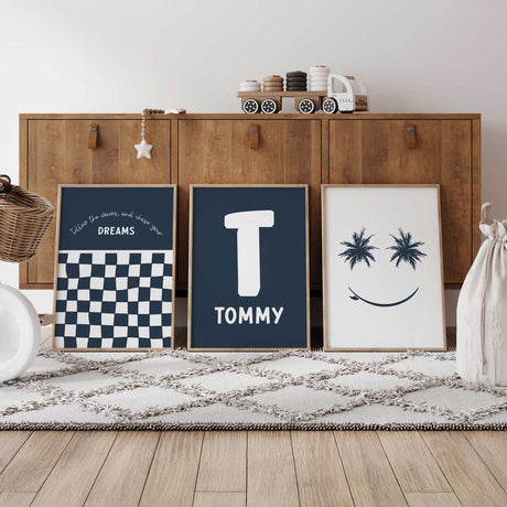 Navy personalised surf print set with name and initial, wavy checkerboard quote and palm tree smiley face.