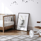 Personalised nursery print for boys with choice of animal letter and name