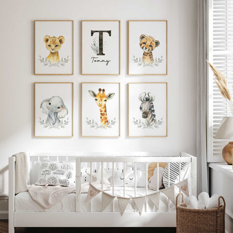 Safari animal nursery wall art set of six prints with personalised name initial for nursery and bedroom decor