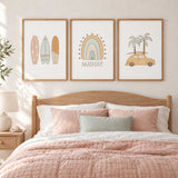 Personalised surf print trio with a rainbow name, three pastel surfboards and a yellow car beneath palm trees.