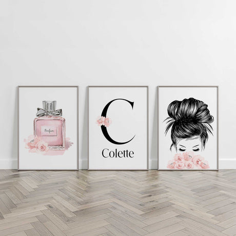 Personalised perfume bottle wall art print in soft pink, perfect for teen bedroom or dorm room decor