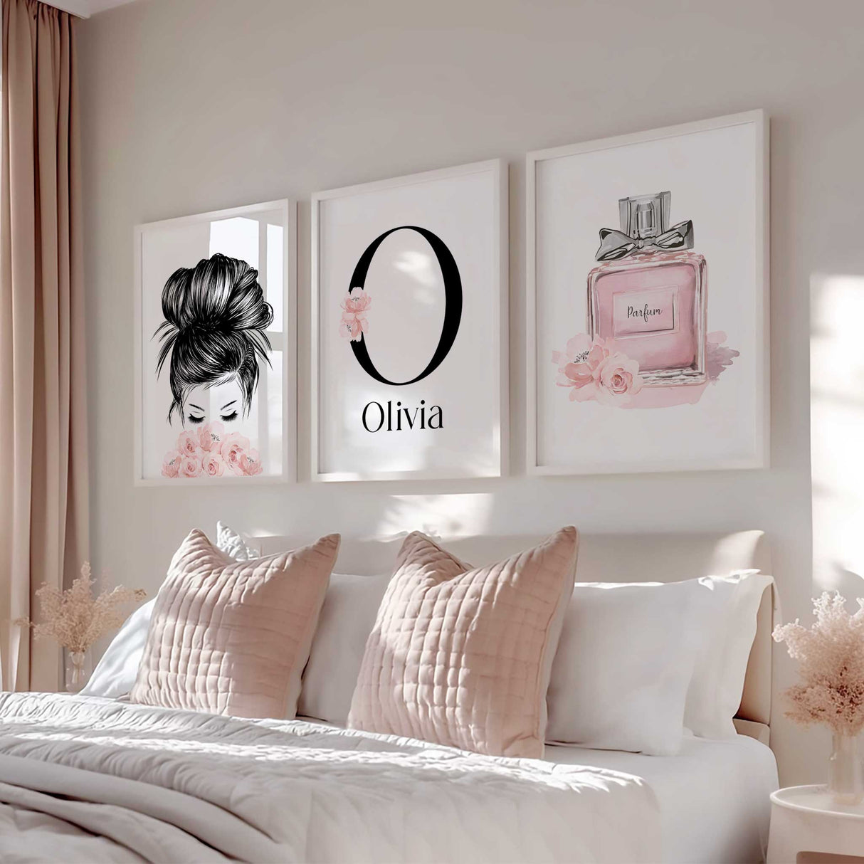 Personalised pink perfume wall art set for girls room or dorm, with name initial, floral print, and fashion illustration.