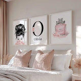 Personalised pink perfume wall art set for girls room or dorm, with name initial, floral print, and fashion illustration.