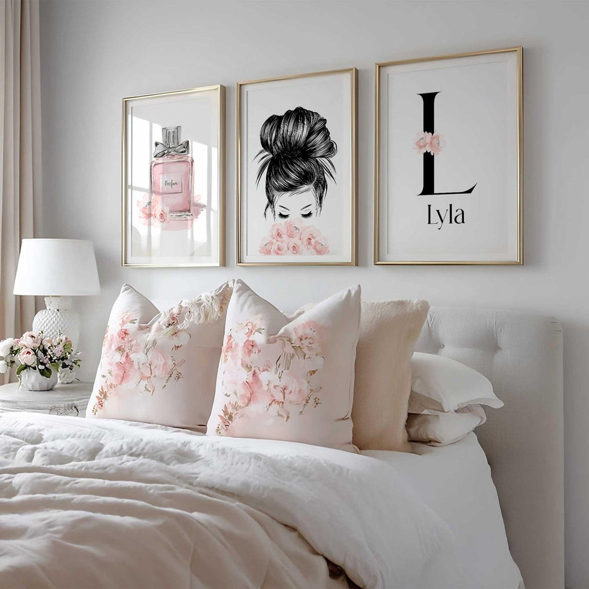 Set of 3 personalised wall art prints for girls bedroom – includes pink perfume bottle, floral girl illustration, and custom name initial.