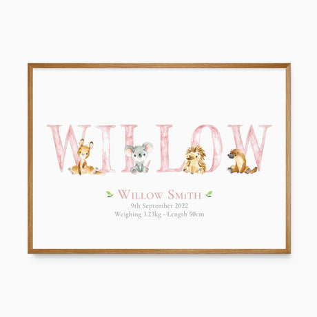 Personalised Australian animal birth print with pink name lettering, native animals, birth date, weight and length