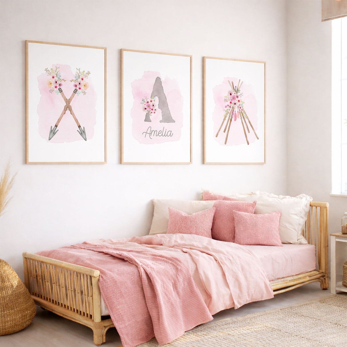 Personalised pink boho girls bedroom prints with floral arrows, custom name initial and teepee wall art