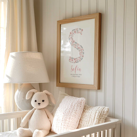 Personalised initial print formed from pink and grey flowers with the child’s name and birth information below
