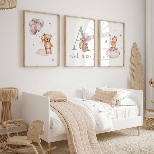 Personalised pink teddy bear nursery wall art set with name and initial print