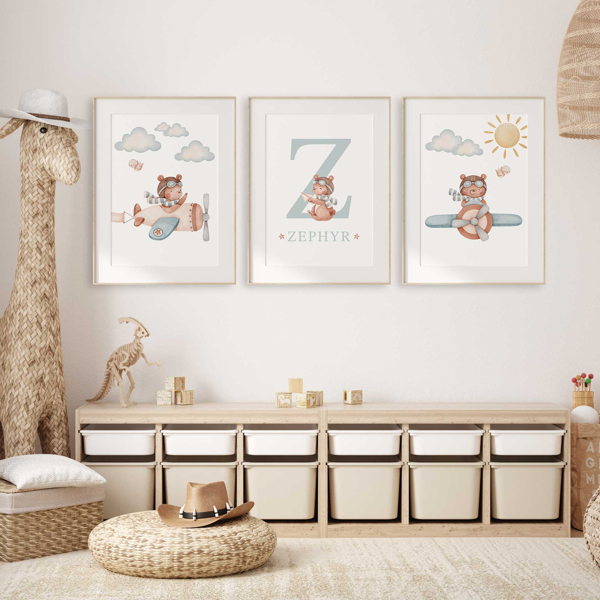 Personalised plane teddy wall art trio featuring flying bears and custom initial print for boys nursery rooms