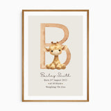 Personalised plush animal birth print with a giraffe, large initial, baby’s full name, date, time and birth weight