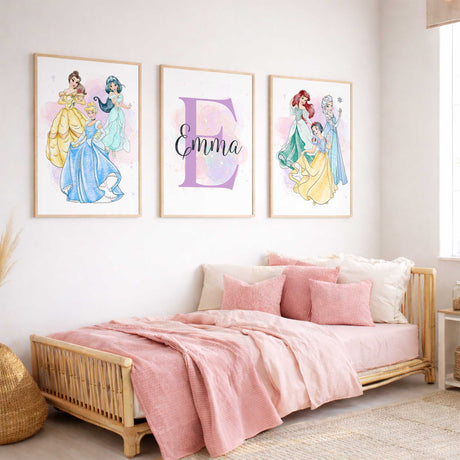 Personalised princess wall art set with pastel character prints and a custom initial name design for girls bedroom decor