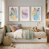 Personalised princess wall art set of three with colourful princess illustrations and a custom name design in pastel tones.