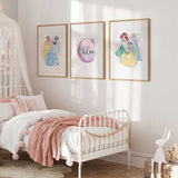 Personalised princess wall art set of 3 with custom name print for girls bedroom
