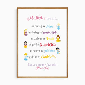 Personalised princess nursery wall art featuring fairy tale characters and child’s name