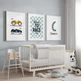 Personalised race car nursery wall art set with vintage car prints, checkered quote art and a custom name print in blue tones for boys bedroom decor