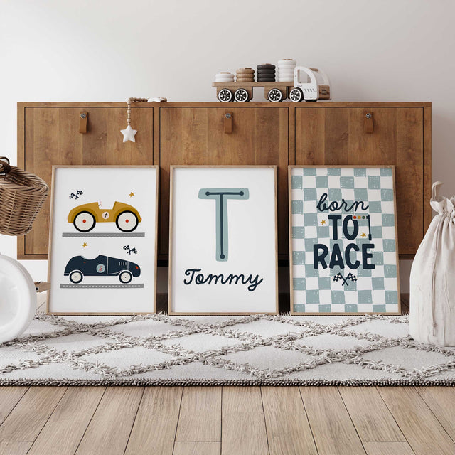 Personalised race car print set with two vintage-style cars, an initial and name, plus Born to Race artwork.