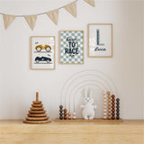 Personalised race car prints with two vintage-style cars, Born to Race chequered artwork and an initial with name.