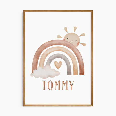 Personalised rainbow name nursery wall art with soft neutral colours