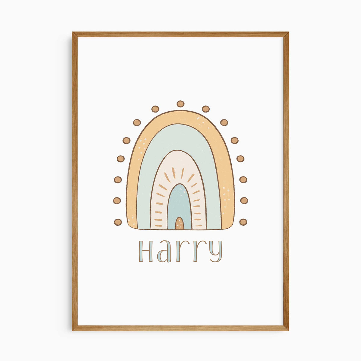 Personalised rainbow print with name beneath mustard, pale green and cream arches surrounded by small dots.