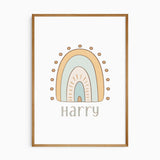 Personalised rainbow print with name beneath mustard, pale green and cream arches surrounded by small dots.