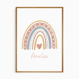 Personalised rainbow print with blush pink, blue and mustard arches, heart details and a child's name in script