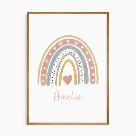 Personalised rainbow print with blush pink, blue and mustard arches, heart details and a child's name in script