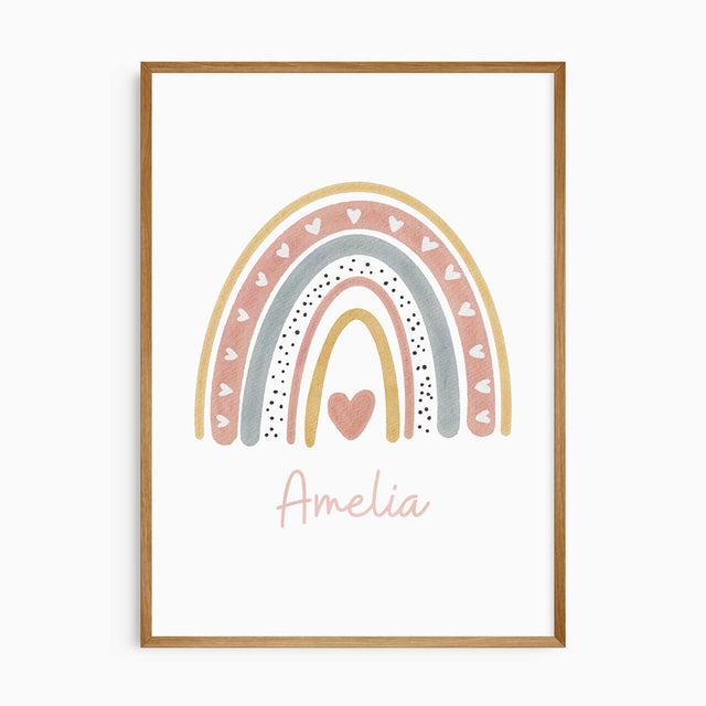 Personalised rainbow print with blush pink, blue and mustard arches, heart details and a child's name in script