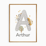 Personalised print with a grey road-shaped initial, white lane markings, bicycle, yellow taxi and tree on white.