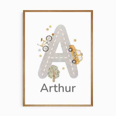 Personalised print with a grey road-shaped initial, white lane markings, bicycle, yellow taxi and tree on white.