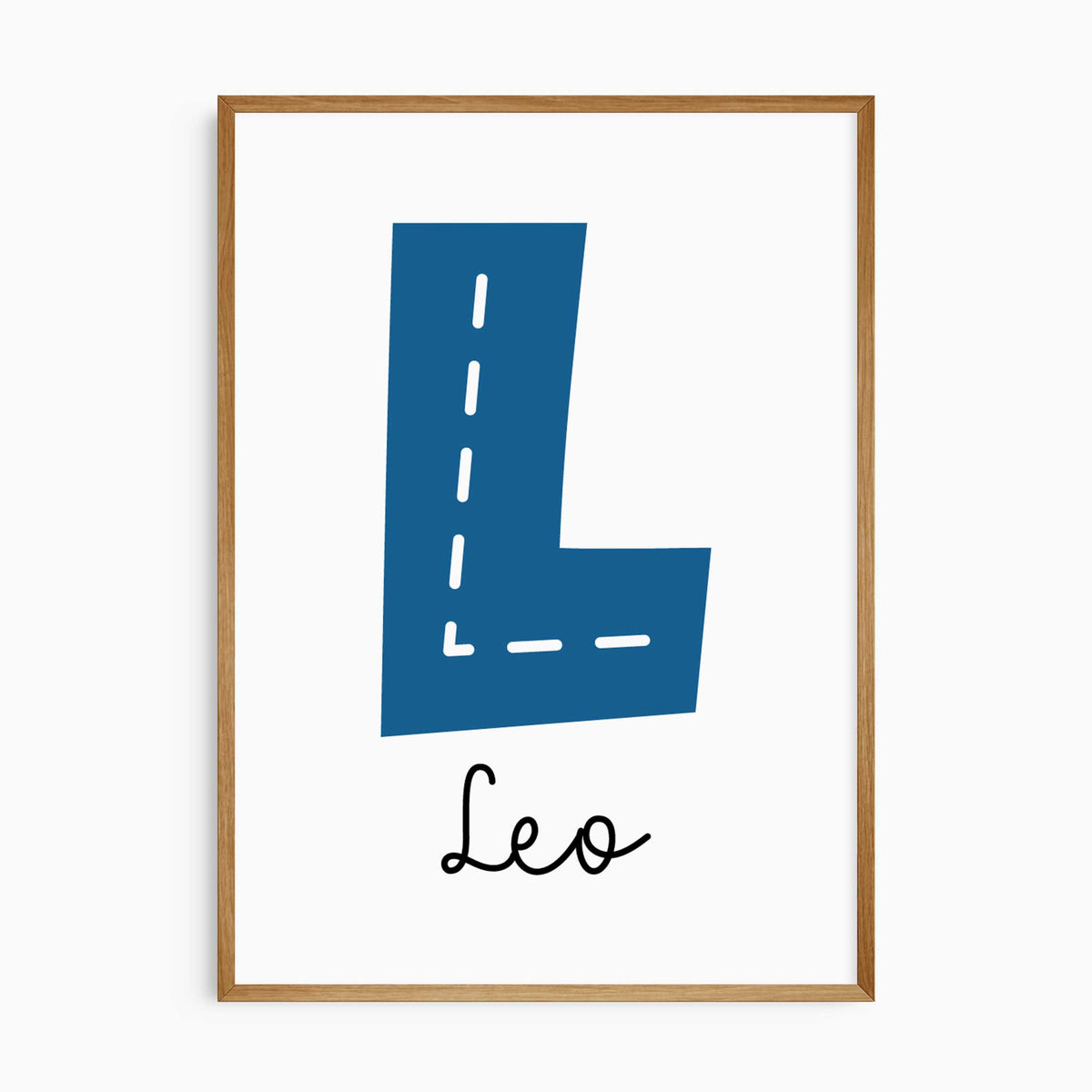 Personalised initial print featuring a large blue road-style letter with white dashed markings and a child’s name below.