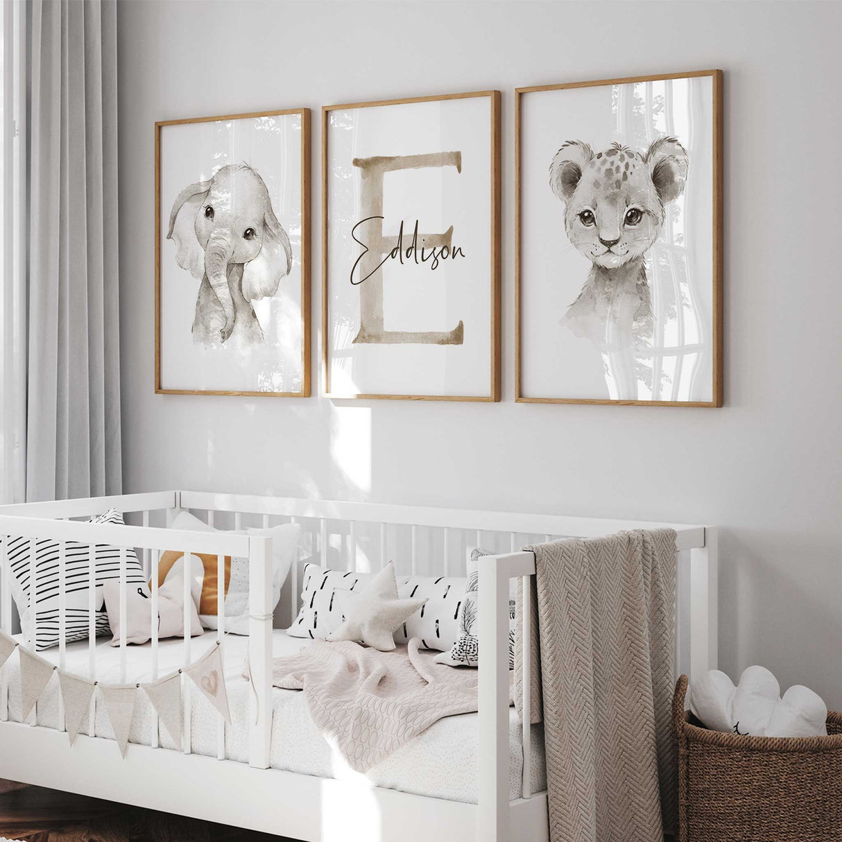 set of 3 prints including a lion cub, elephant and a personalised custom name print