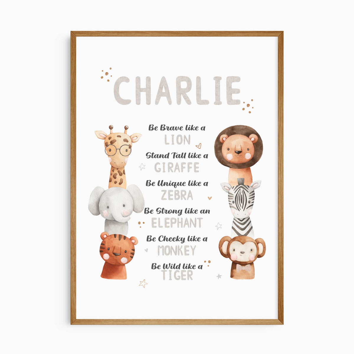 Personalised safari animal affirmation print with six watercolour animals and encouraging phrases below a child's name.