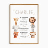 Personalised safari animal affirmation print with six watercolour animals and encouraging phrases below a child's name.