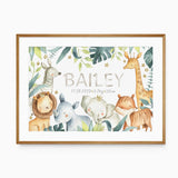 Personalised safari animal birth print with baby’s name, birth date, weight and length among watercolour animals