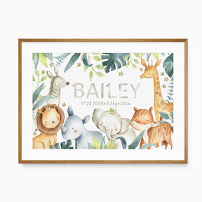 Personalised safari animal birth print with baby’s name, birth date, weight and length among watercolour animals