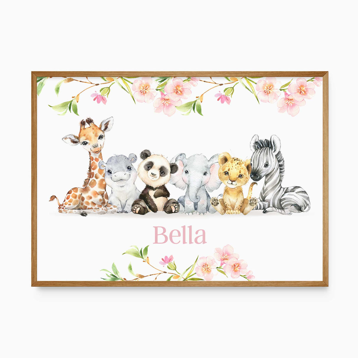 Personalised girls safari animal name print featuring baby giraffe hippo panda elephant lion and zebra with pink floral accents nursery wall art
