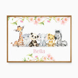 Personalised girls safari animal name print featuring baby giraffe hippo panda elephant lion and zebra with pink floral accents nursery wall art