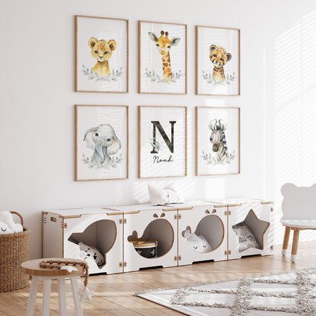 Personalised safari animal nursery wall art set of six prints for kids nursery