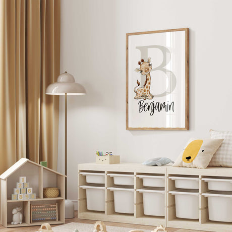 Personalised safari animal initial print for a boys nursery with custom name and letter in blue or grey