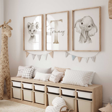 Baby lion cub wall art in neutral tones for safari-themed nursery