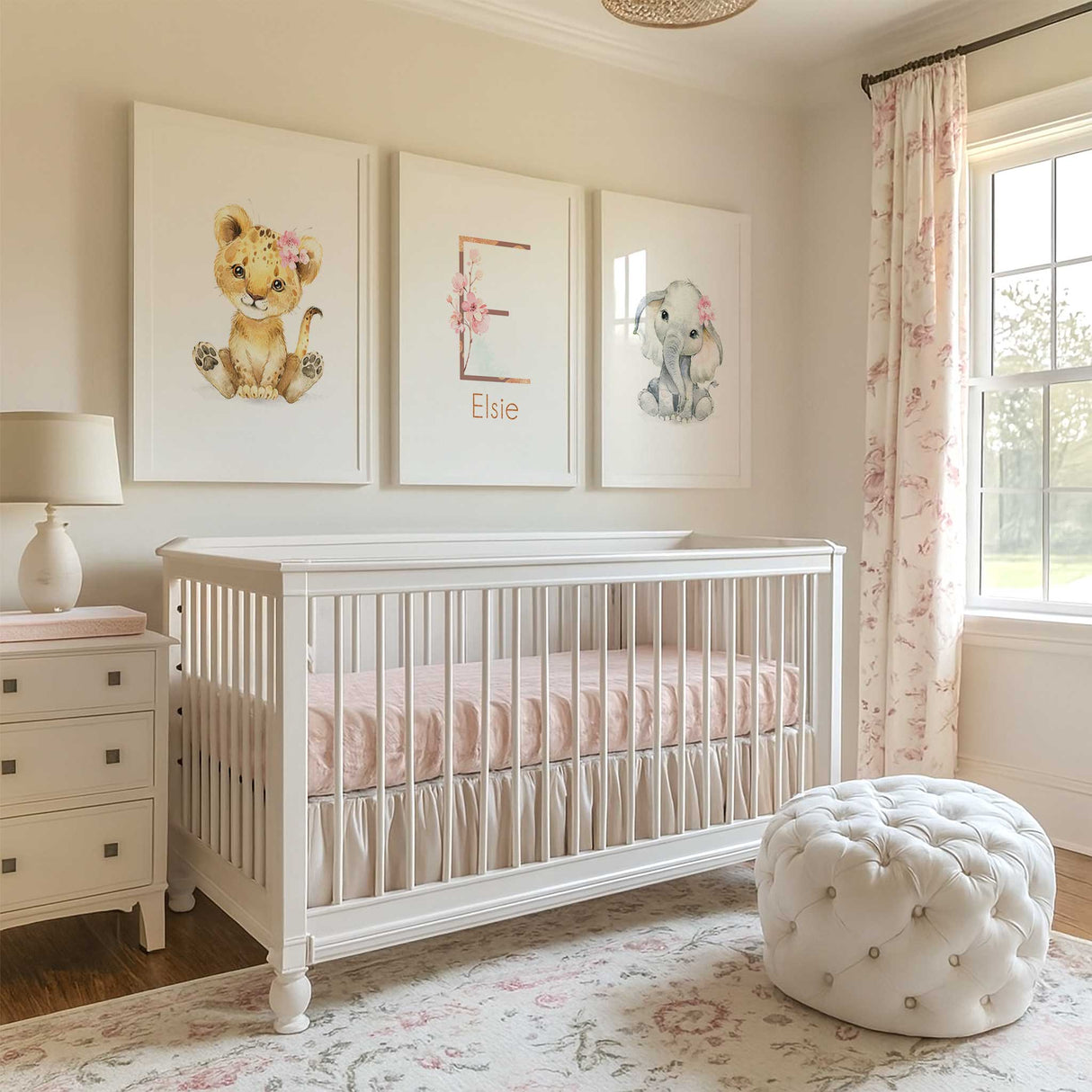 Personalised safari nursery prints for girls with elephant floral name print and baby lion cub