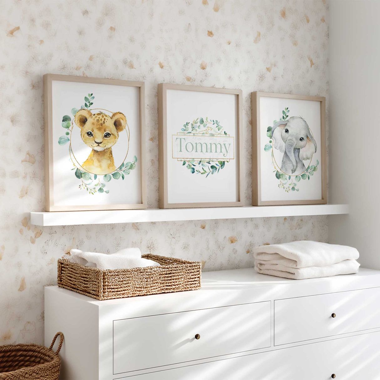 Personalised safari nursery wall art set with baby lion, elephant and custom name print