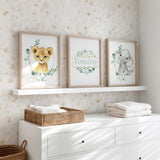 Personalised safari nursery wall art set with baby lion, elephant and custom name print
