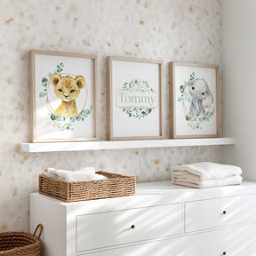 Personalised safari nursery wall art set with baby lion, elephant and custom name print