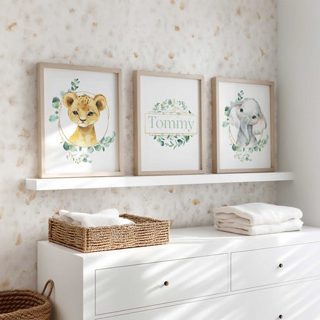 Personalised safari nursery wall art set with baby lion, elephant and custom name print