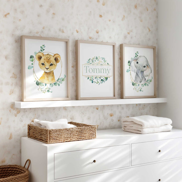 Personalised safari nursery wall art set with baby lion, elephant and custom name print