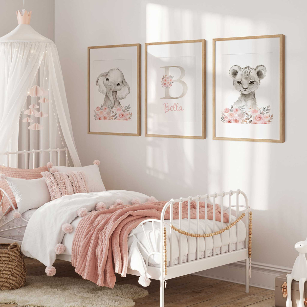 Set of 3 personalised safari nursery prints for girls with elephant, lion cub, and floral name design in blush pink